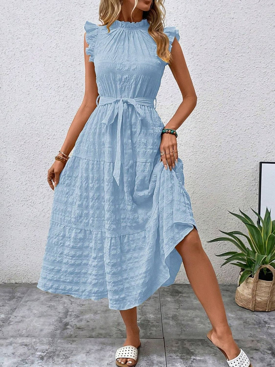 Gebundene Rüschen Kappe Ärmel Midi Kleid