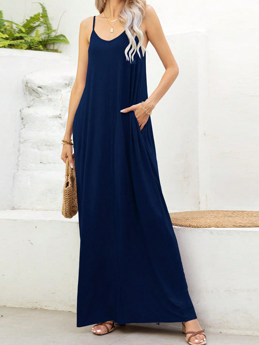 V-Ausschnitt Maxi Trägertop Kleid mit Taschen