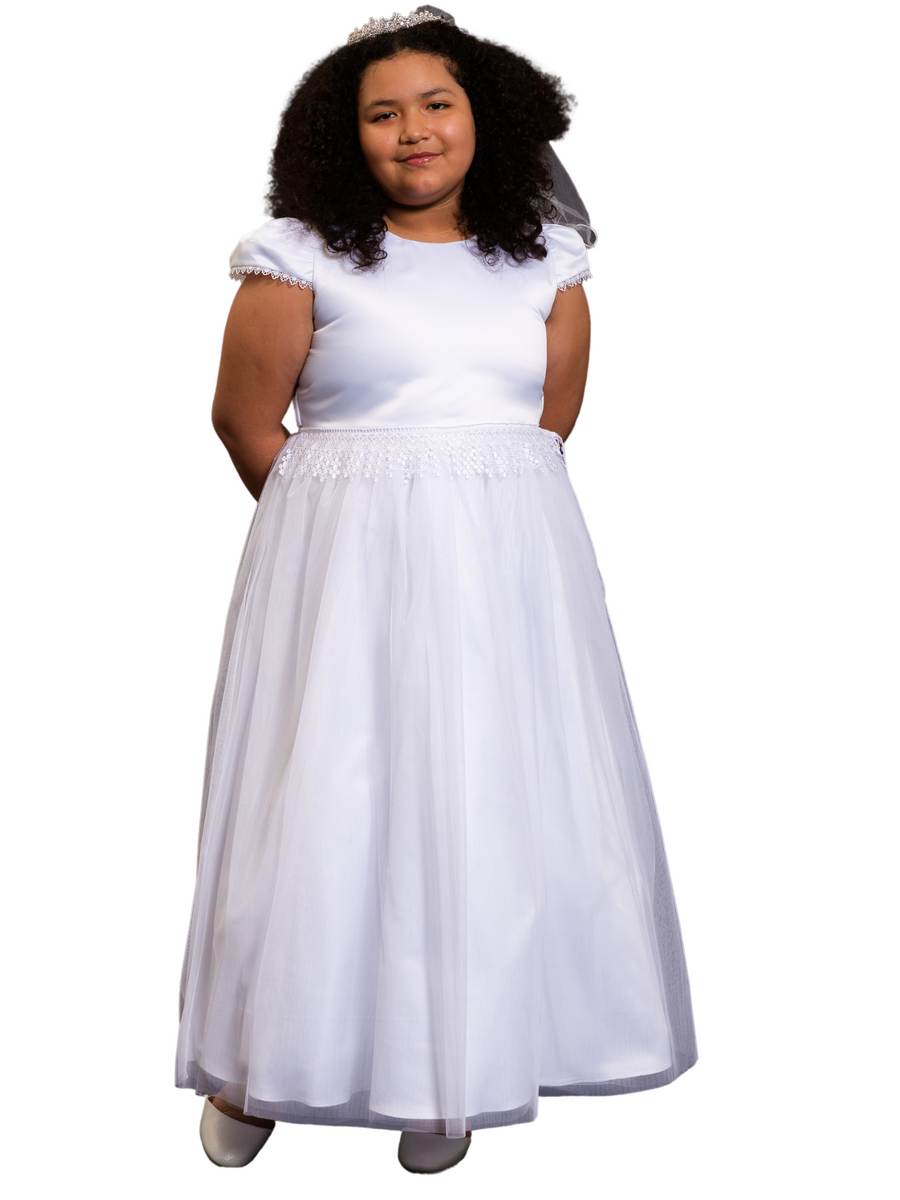 Große Mädchen weiße Kronleuchter Besatz Übergröße Communion Kleid, Größe 18.5