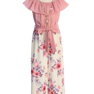 Schulterfreier Rüschenoverall für Mädchen mit Taillenband und Halskette, Größen 4–14