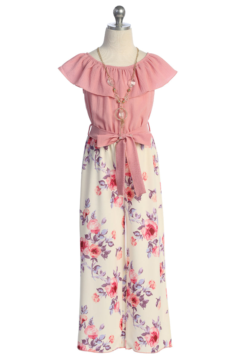 Mädchen schulterfrei Rüschen Jumpsuit mit Taille Krawatte und Halskette, Größen 4-14