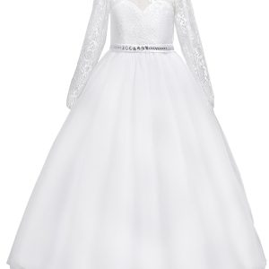 Kommunionkleid für große Mädchen, weiße Spitze, langärmelig, Illusionsausschnitt, Größen 7–16
