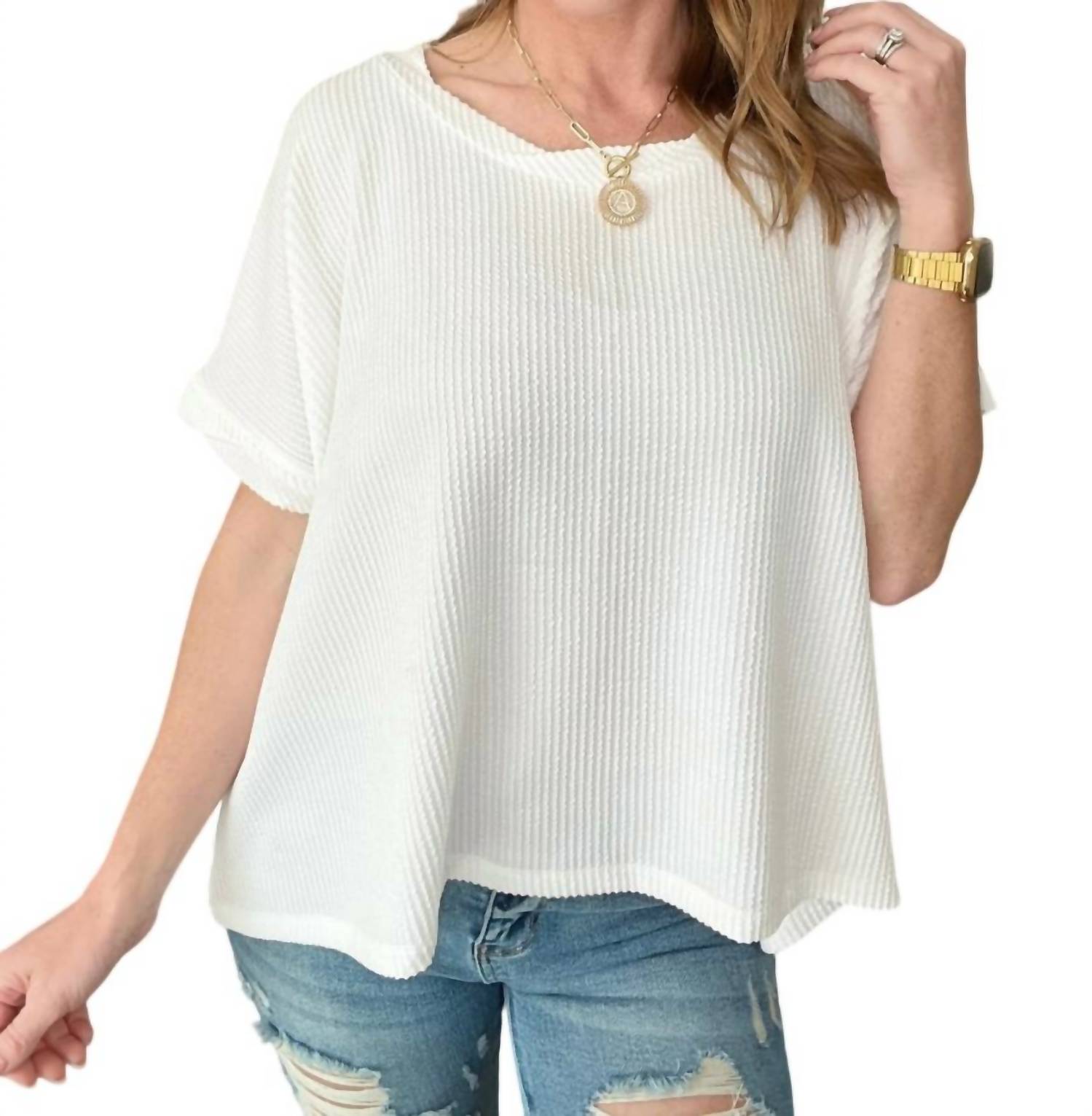 Strukturiertes Line Twisted Kurzarm Top in Schwarz