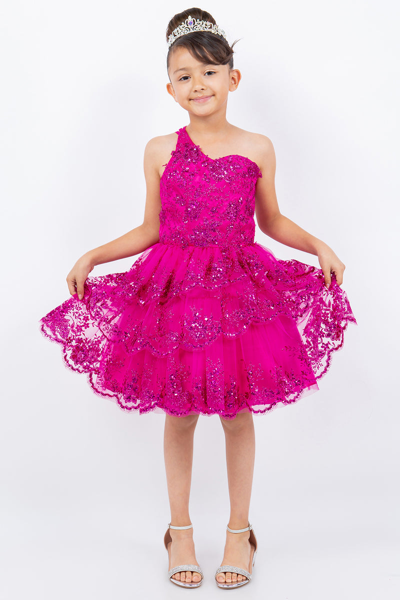 Mädchen Eine Schulter Mehrschichtige Tüll Kleid 4-16