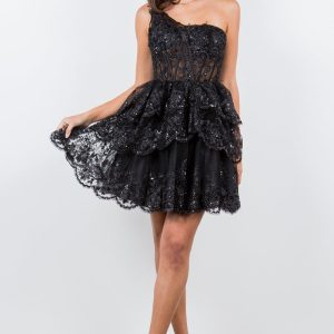 One-Shoulder-Cocktailkleid mit gestuftem Rock aus Spitze für Damen 4/XS-16/3X