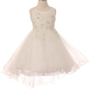 Mädchen-Blumenmädchenkleid, weiß, Strass, Perlen, Tüll, Hi-Low, Gr. 2–12