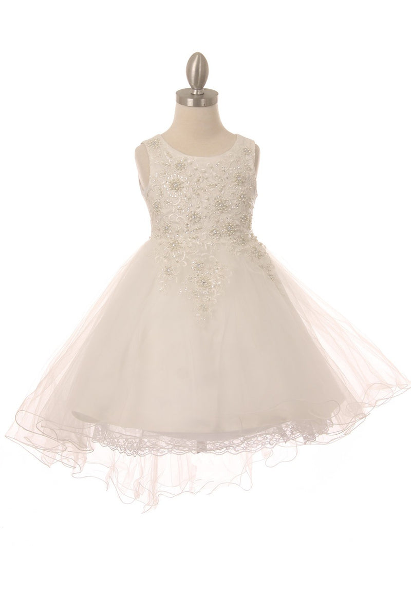 Mädchen weiß Strass Perle verdrahtet Tüll Hi-Low Blumenmädchen Kleid 2-12
