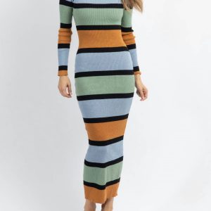 Geripptes Roswell-Kleid mit mehrfarbigen Streifen