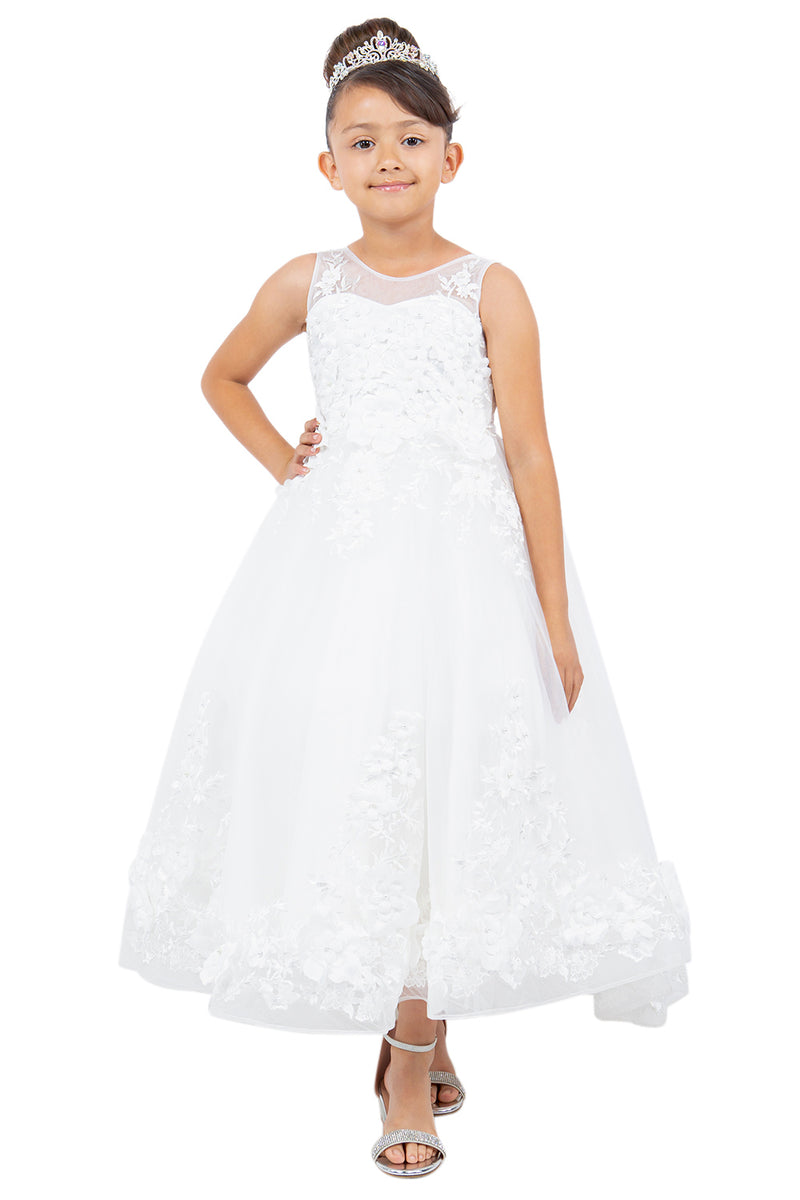 Mädchen Illusion Tüll Top 3D Blume Sheer Ärmel Blumenmädchen Kleid 2-12