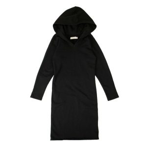 Damen-Midikleid aus schwarzer Baumwolle mit langen Ärmeln und Kapuze