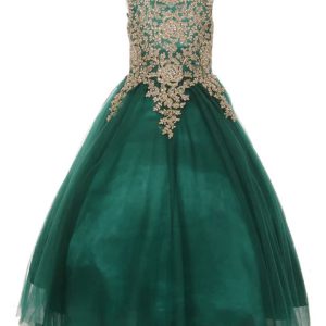 Mädchen-Blumenmädchenkleid mit goldener Strasskordel und Illusion, Größen 4–16