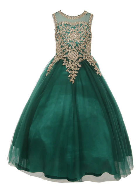 Mädchen Gold Strass Cording Illusion Blumenmädchen Kleid, Größen 4-16