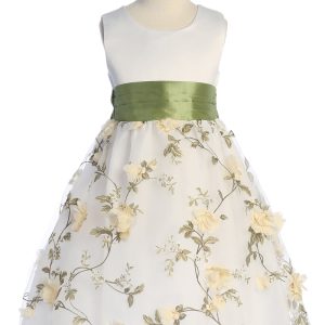 Elegantes, mit Blumen besticktes Kleid für Mädchen mit Schärpe 2–12