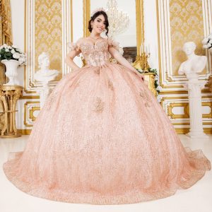 Schulterfreies Quinceañera-Ballkleid mit Spitze und Perlenapplikation für Damen 4/XS-16/3X