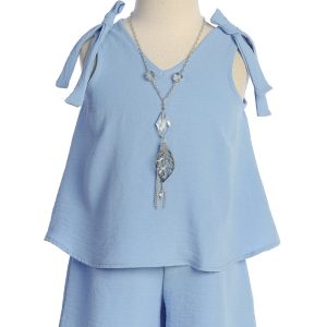 Mädchen-Outfit-Set mit Oberteil und Shorts und Halskette, Größen 4–14