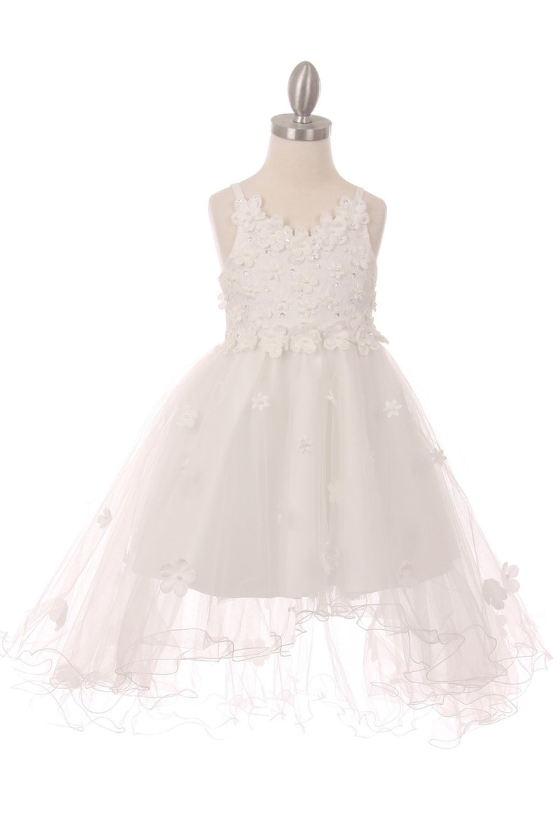 Mädchen Weiß 3D mit Blumenmuster Applikationen Satin Tüll Junior Brautjungfernkleid 2-12