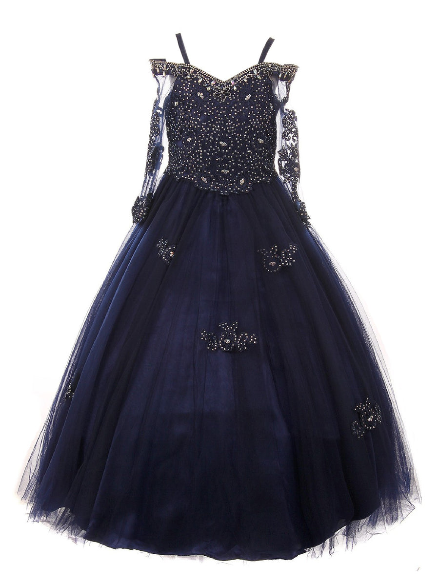 Mädchen Altrosa aus Schulter Langarm Strass Festzug Kleid, Größen 2-16