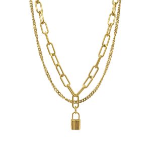 Tarnen Resistant 14k Gold überzogene geschichtete Curb und Papier Clip Kette Lock Halskette