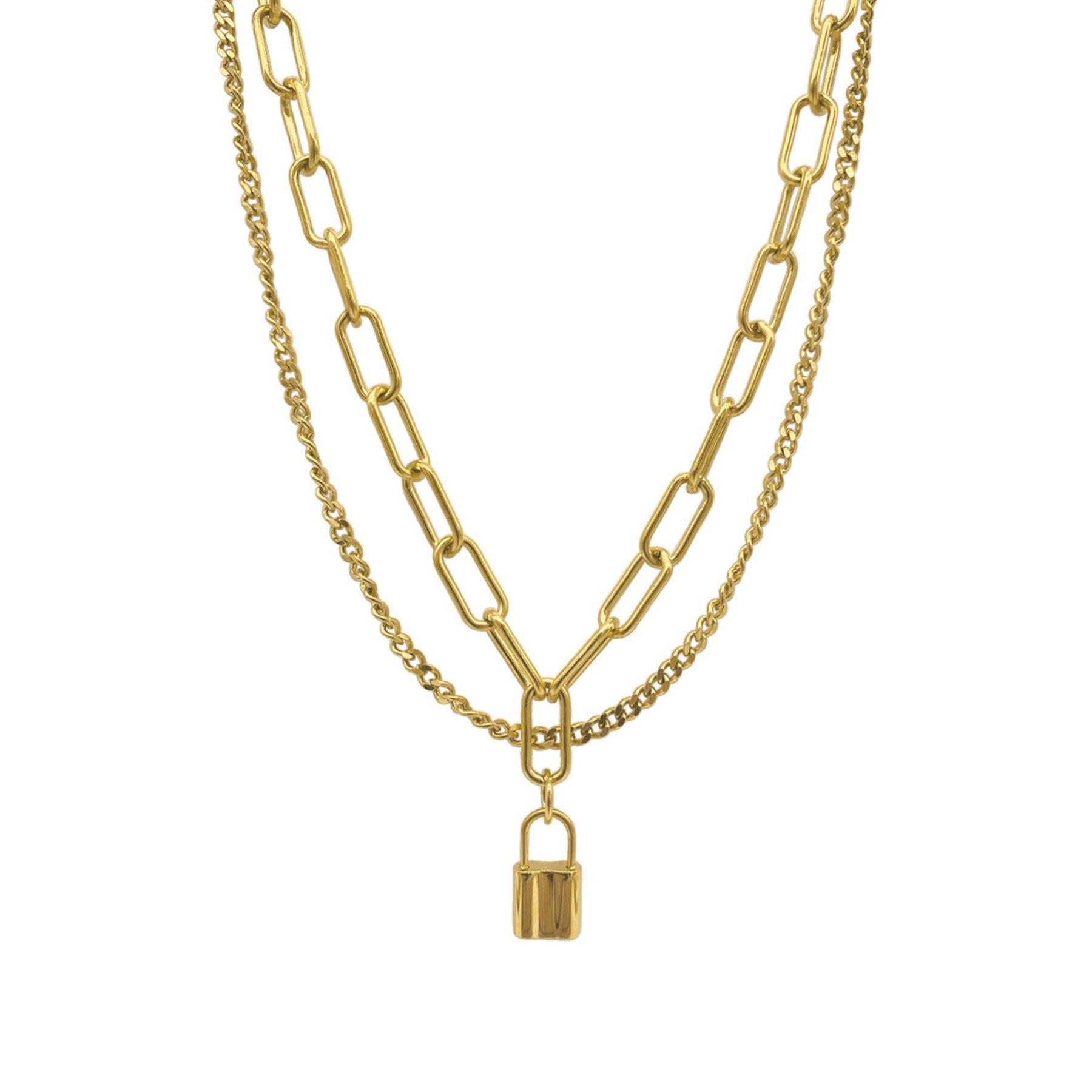Tarnen Resistant 14k Gold überzogene geschichtete Curb und Papier Clip Kette Lock Halskette