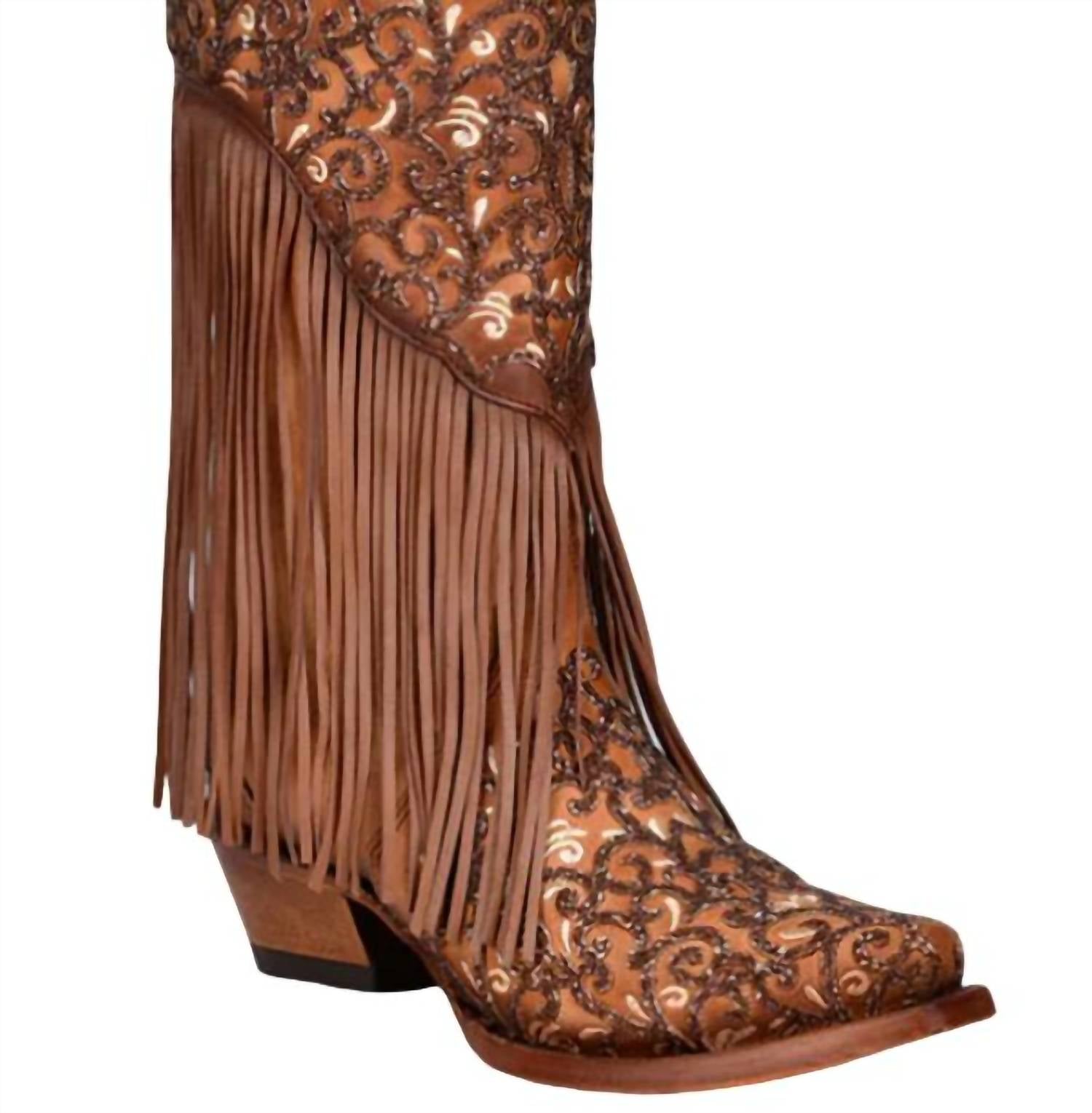 Damen Overlay Weiß Stickerei Lamm Fringe Snip Toe Cowboy Stiefel In Honig