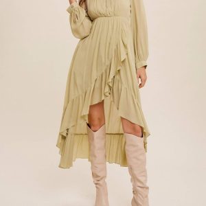 High-Low-Maxikleid im Wickelstil mit Rüschen in hellem Olivgrün