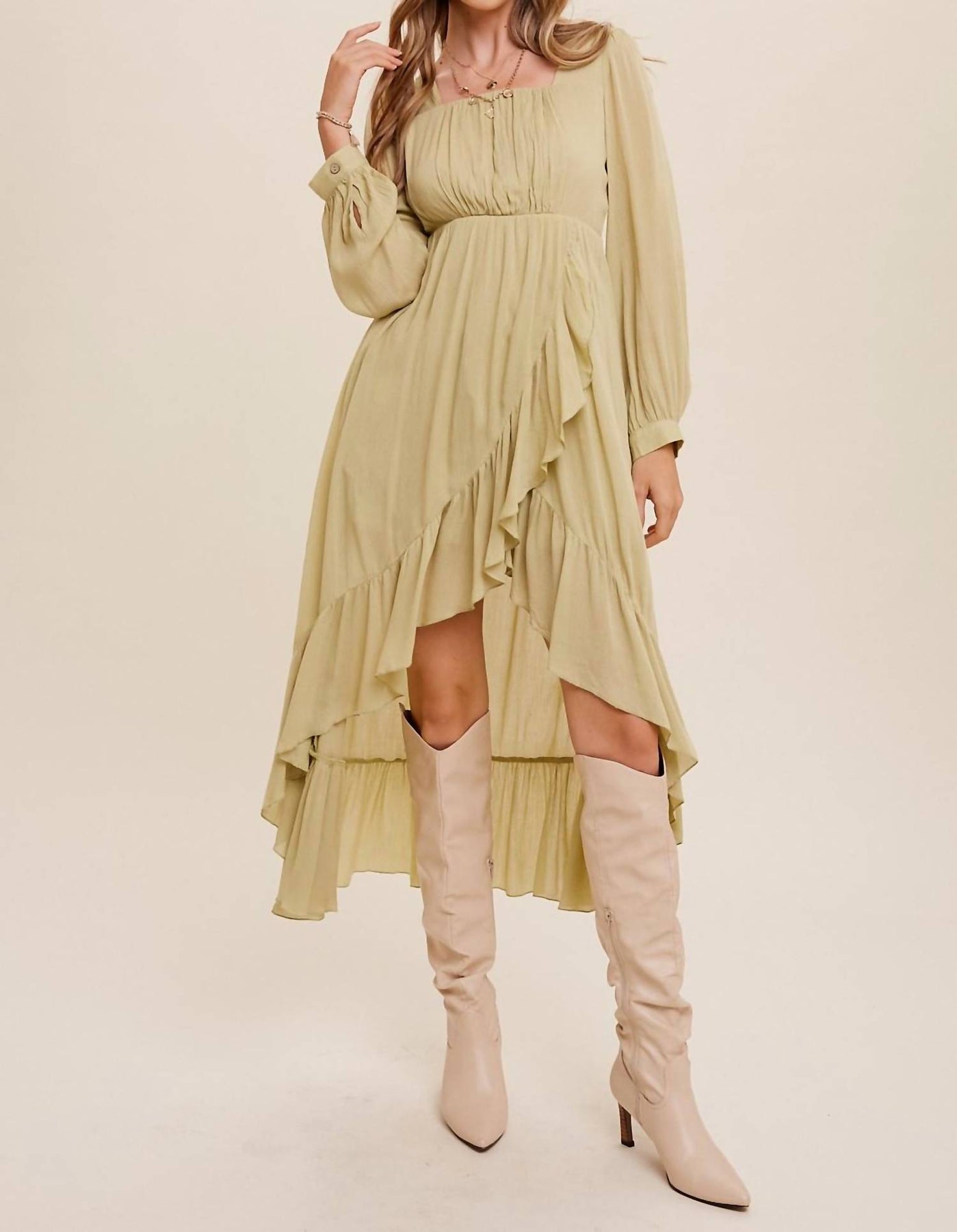 Hohe niedrige Rüschen Wrap Style Maxi Kleid in hell oliv