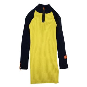 Geripptes Strickkleid in Marineblau und Gelb