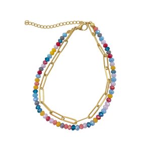 14k Gold überzogene Mehrfarbig Color Bead und Papier Clip Kette Doppel Armband