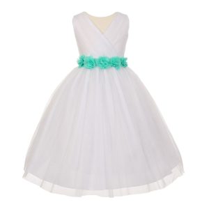 Junior-Brautjungfernkleid für große Mädchen, Weiß, Aqua, Chiffon, Blumen, Tüll, Größe 8–14