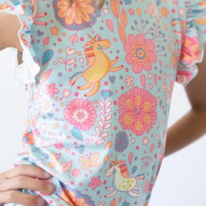 Blaues Retro-Einhörner-Kurzarm-Rüschen-T-Shirt