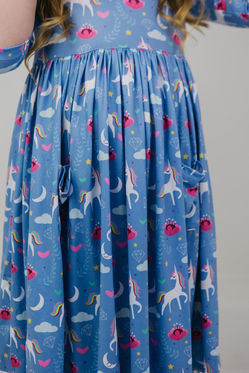 Blaues Moon 3/4 Ärmel Tasche Twirl Kleid