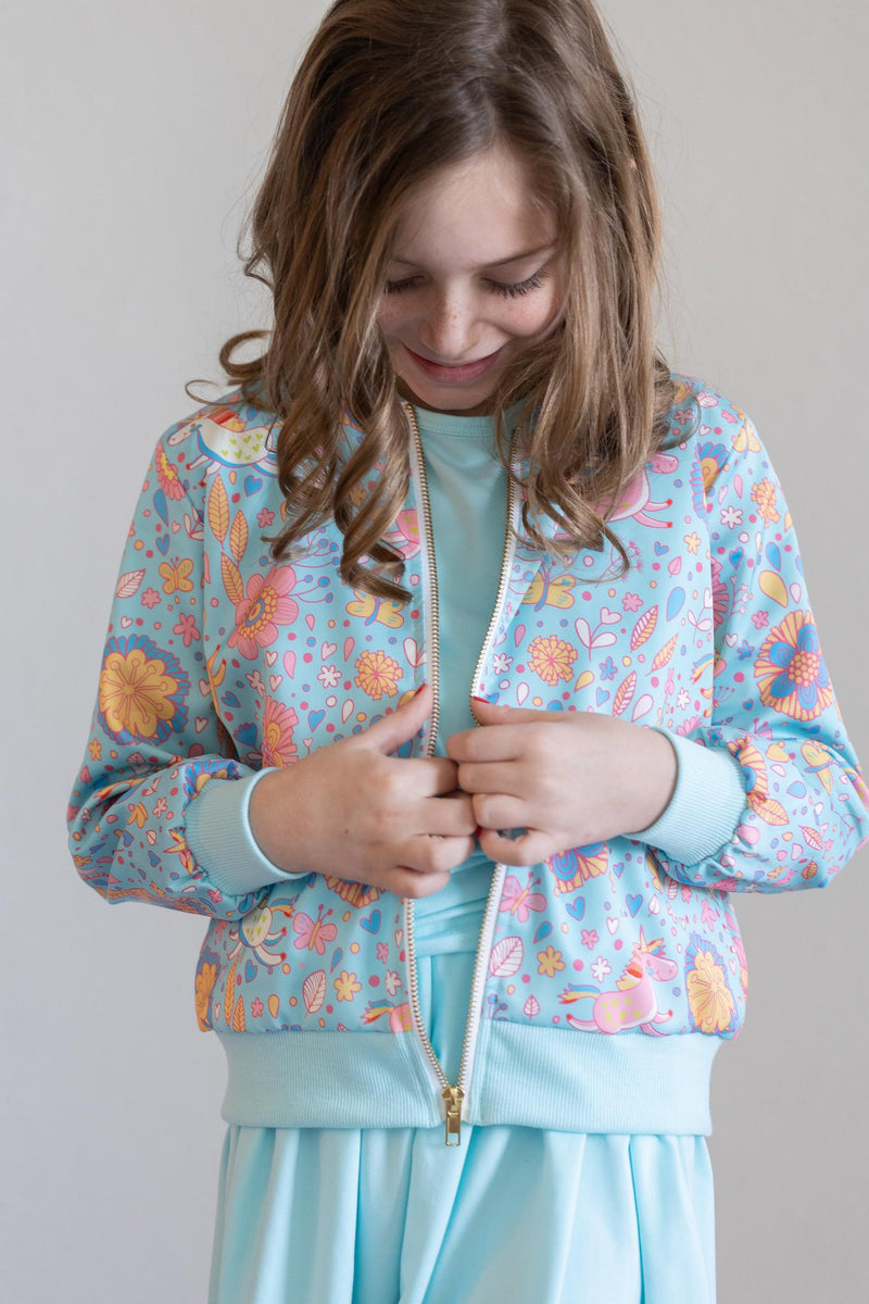 Blaue Retro Einhörner Satin Jacke