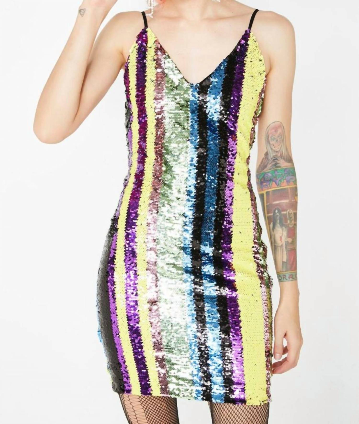 Tanzen Sie die Nacht weg gestreifte Pailletten Mini in Violett, Rosa, Gelb, Salbei, Blau und Schwarz gestreift