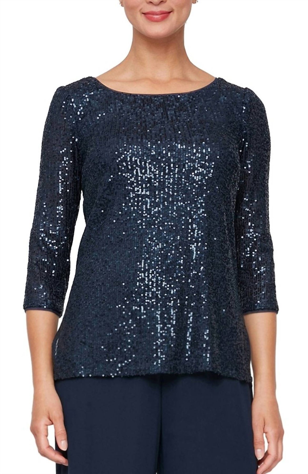 Pailletten 3/4 Ärmel Bluse mit seitlichen Schlitz Detail in Dunkelblau