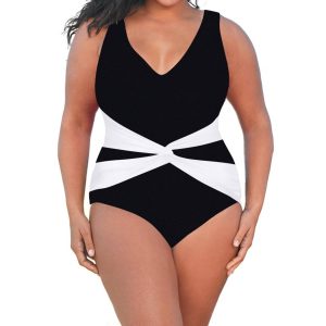 Plus Größe V-Ausschnitt Twist Vorderseite One Piece Badeanzug in Schwarz