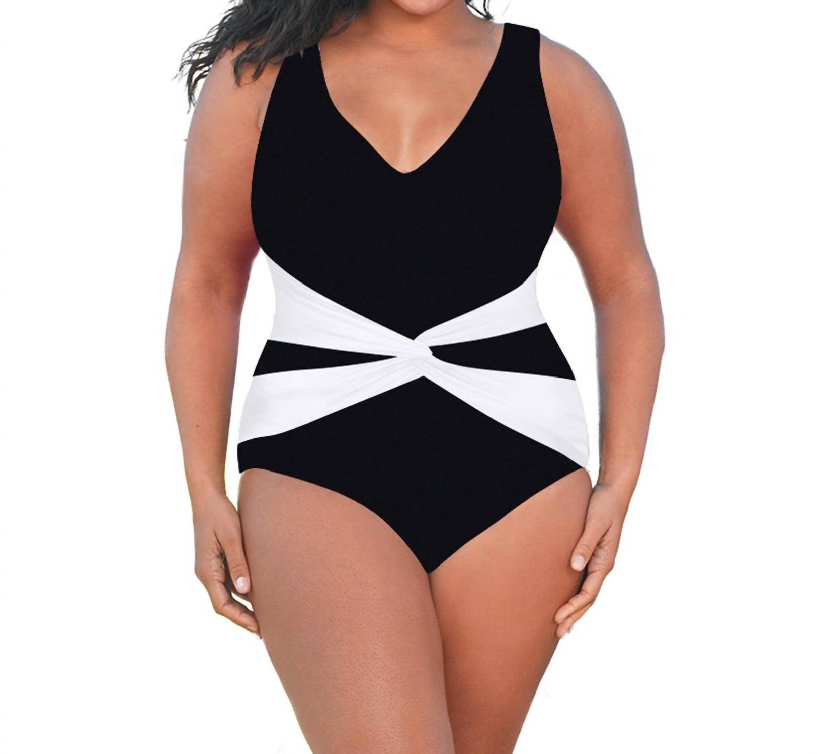 Plus Größe V-Ausschnitt Twist Vorderseite One Piece Badeanzug in Schwarz