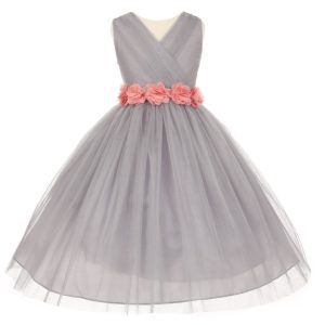 Junior-Brautjungfernkleid für große Mädchen, Silber, Rosa, Chiffon, Blumen, Tüll, Größe 8–14