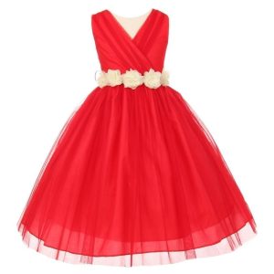 Blumenmädchenkleid aus Chiffon mit Blumenmuster, Schärpe und Tüll für kleine Mädchen, Größe 2–6, Rot/Elfenbein