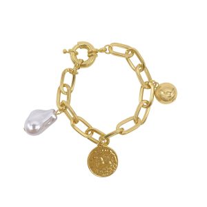 14k Gold überzogene Perle und Charm Link Armband mit Oversize Lock