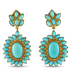 LB Exclusive Vintage 18K Gelbgold Türkis Blumen Ohrclips MF02-090424