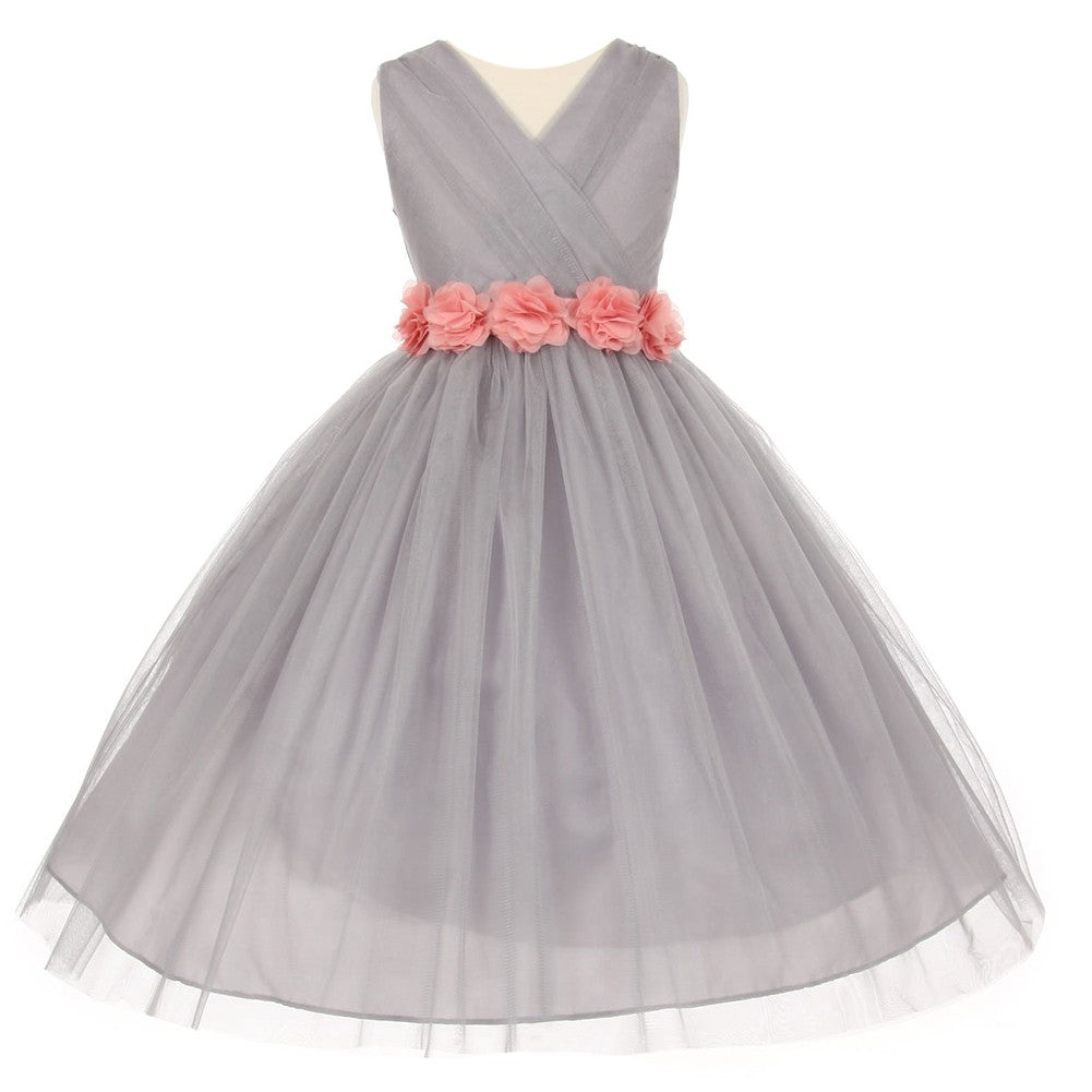 Kleine Mädchen Silber Rosa Chiffon Blumen Schärpe Tüll Blumenmädchen Kleid 2-6
