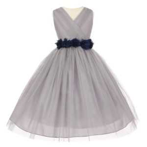 Blumenmädchenkleid aus Chiffon mit Blumenmuster, Schärpe und Tüll für kleine Mädchen, Silber, Marineblau, Größe 2–6