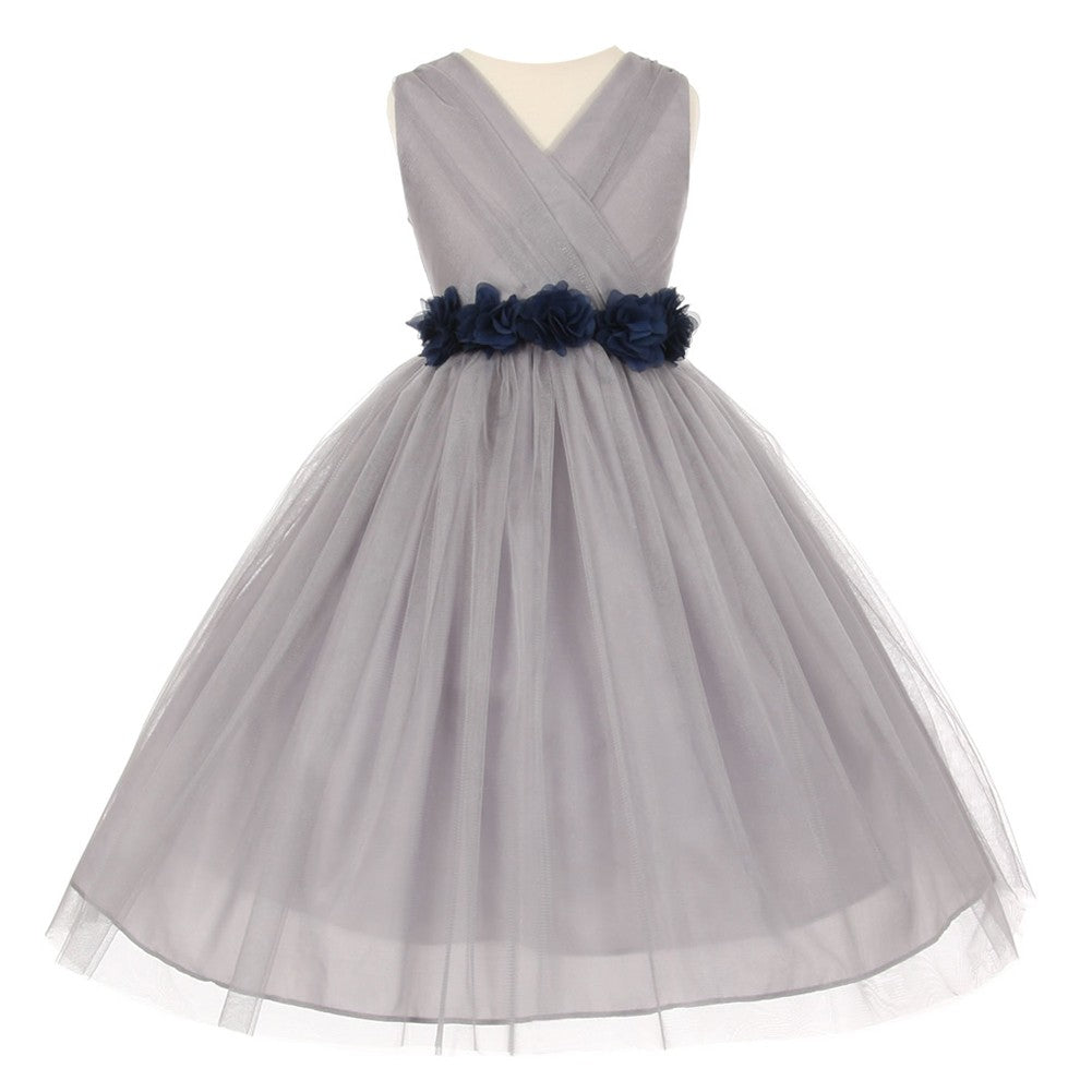 Kleine Mädchen Silber Dunkelblau Chiffon mit Blumenmuster Schärpe Tüll Blumenmädchen Kleid 2-6