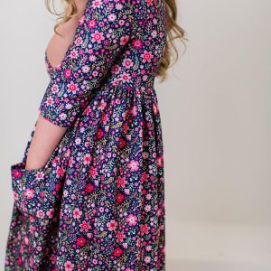 Flower Farm Twirl-Kleid mit 3/4-Ärmeln und Taschen