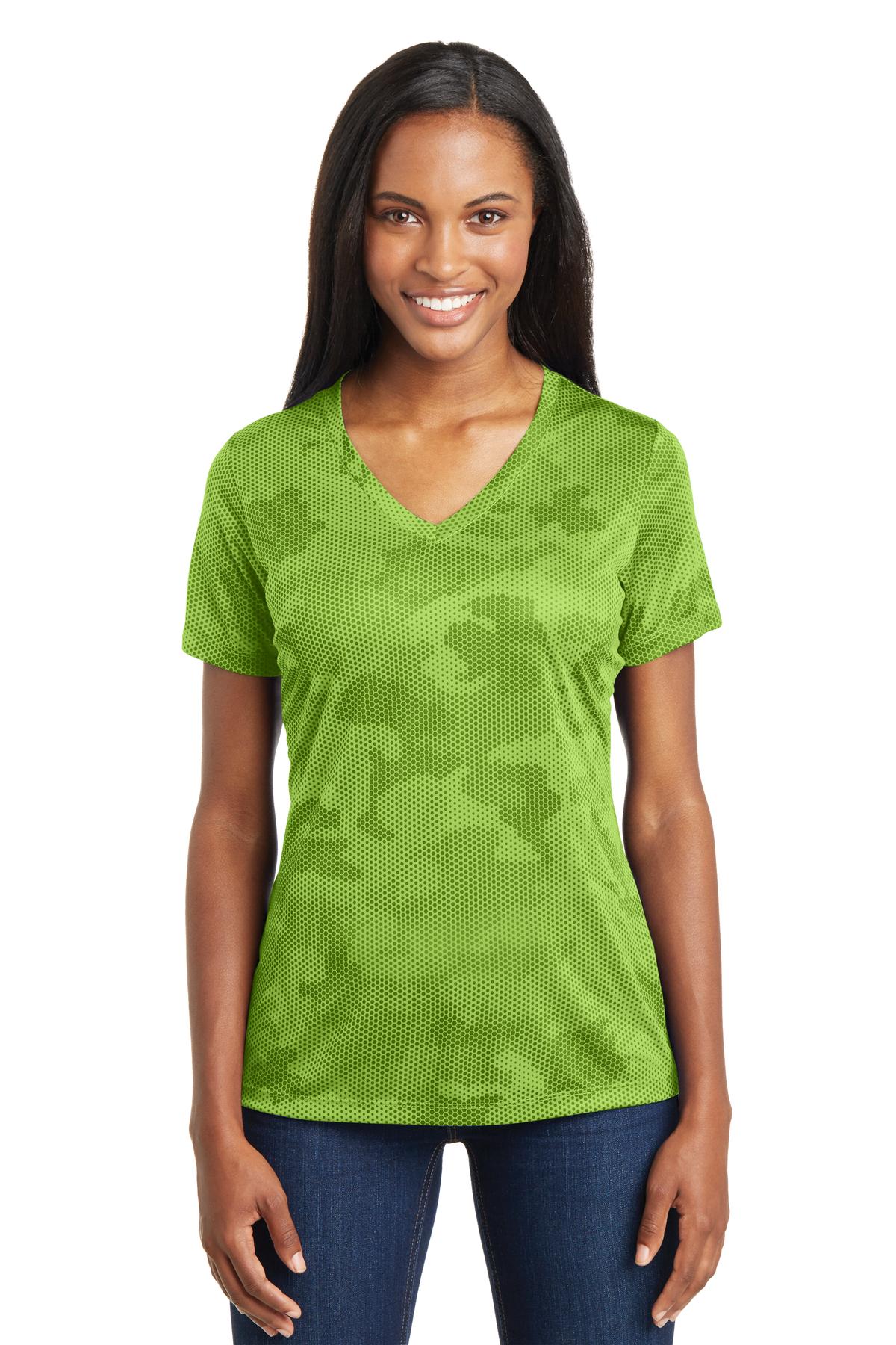 Sport-Tek Damen Camo Hex V-Ausschnitt T-Shirt LST370