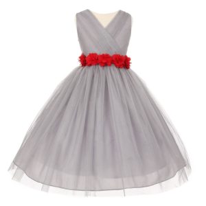Blumenmädchenkleid für kleine Mädchen aus Chiffon, Blumenmuster, Schärpe, Tüll, Silber, Rot, Größe 2–6