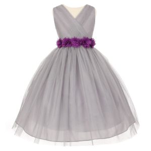 Junior-Brautjungfernkleid für große Mädchen, Silber, Lila, Chiffon, Blumen, Tüll, Größe 8–14