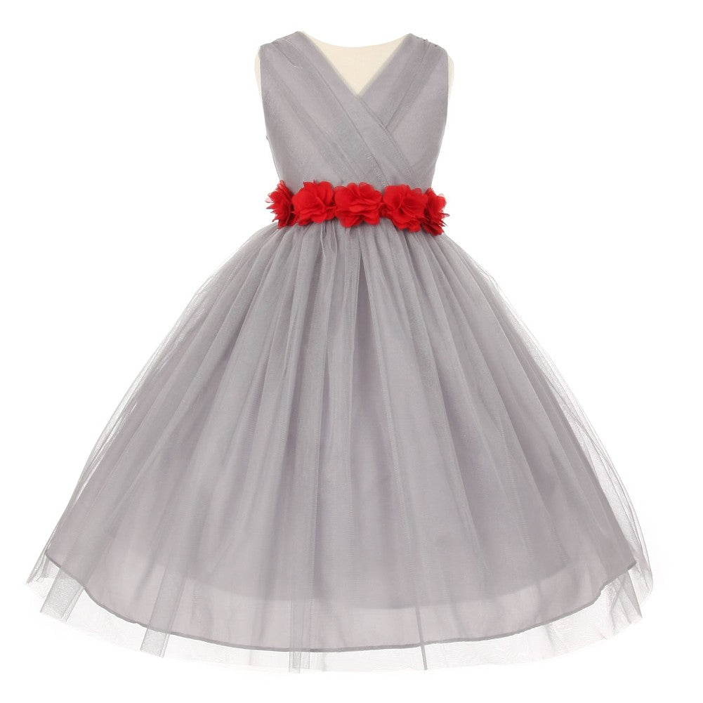 Große Mädchen Silber Rot Chiffon Blumen Tüll Junior Brautjungfernkleid 8-14