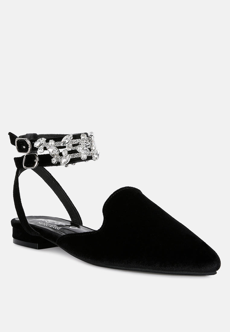 SALOME Schwarze verzierte Knöchel Strap Velvet Mules