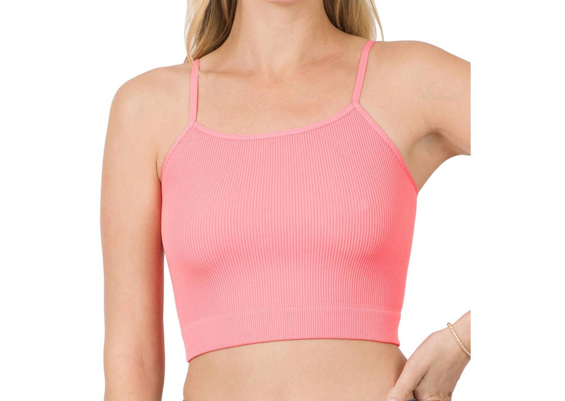 Gerippt Nahtlose Spaghetti Strap Crop Trägertop in Koralle Rosa